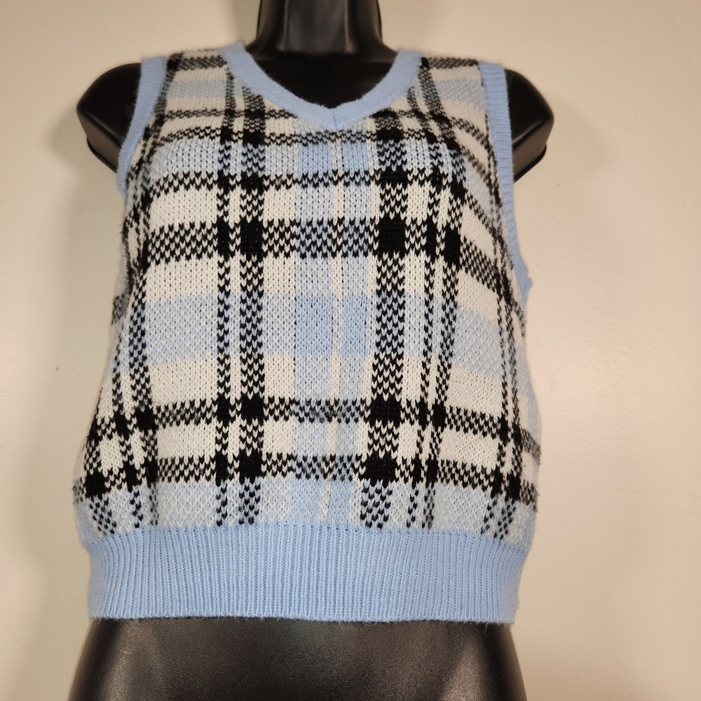 NO BO NO BOUNDARIES Sweater Vest Juniors M White Blue Plaid Preppy Academia Cozy - Picture 9 of 11